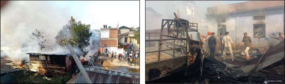 A fire incident occurred around 12:30 pm at Nyamo Lotha Colony in Khermahal area, Dimapur on Monday. According to reports, more than 17 houses were gutted in the unfortunate incident. Though no reports of injuries or casualties could be confirmed, several property and vehicles were damaged in the fire. (Morung Photo)